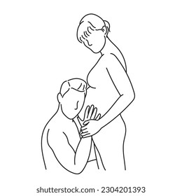 Pregnant woman with her husband. Vector illustration. Continuous line art vector drawing.