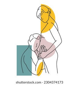 Pregnant woman with her husband. Vector illustration in linear line art style