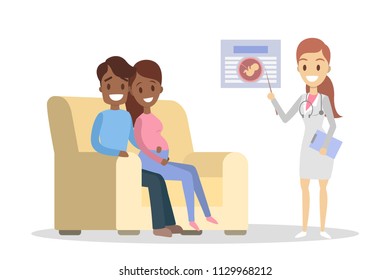 Pregnant woman and her husband visiting female doctor in a hospital. Couple sitting on the couch and listening to the doctor. Consultation with specialist. Isolated flat vector illustration