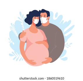 Pregnant woman with her husband wearing medical masks. Concept of pregnancy and motherhood during the coronavirus epidemic. Flat vector illustration isolated on white background