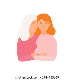 A pregnant woman with her mother. Mother and daughter. Vector isolated illustration with a pregnant woman. Family relation. Flat style. Design of websites, social ads, and banners.