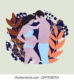 Pregnant woman with her partner. Happy relationship and expecting for baby concept. Young man hugging his beautiful pregnant wife. Young mother and father are waiting for the baby. 