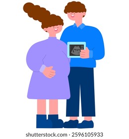 pregnant woman and her partner holding a framed ultrasound image, expecting a baby flat vector illustration