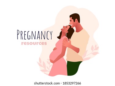 Pregnant woman with her partner. Pregnancy resources type, Young beautiful couple vector illustration. Young parents. 