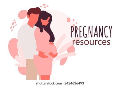Pregnant woman with her partner. Pregnancy resources type, Young beautiful couple vector illustration. Young parents.