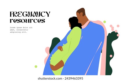 Pregnant woman with her partner. Pregnancy resources type, Young beautiful couple vector illustration. Young parents.
