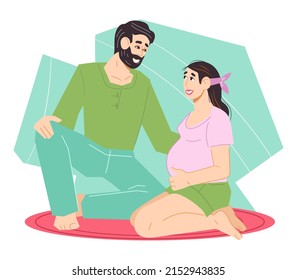 Pregnant woman and her partner preparing for childbirth. Man and woman expecting baby and preparing to be parents, flat vector illustration isolated on white background. Pregnancy training.