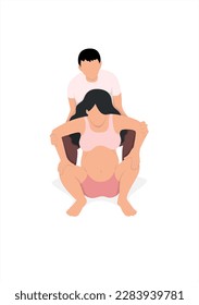 
schwangere Frau und ihre Partnerin im Squatting mit Partner Birthing Position.
