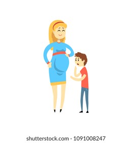 Pregnant woman and her son, happy family concept cartoon vector Illustration on a white background