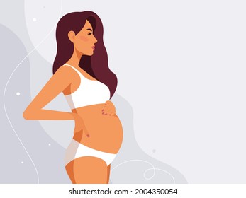 Pregnant woman with her tummy. Realistic female portrait - beautiful face, long hair, white skin, caucasian ethnicity. Beauty dressed in white underwear touching the belly. Side view. Perfect vector.