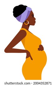 Pregnant woman with her tummy. Realistic female portrait - beautiful face, hairstyle, african-american ethnicity. Beauty dressed in vivid clothes, touching the belly. Side view. Perfect vector.