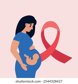 Pregnant  woman with HIV holding her belly with embryo inside. Prevention of HIV transmitting to a baby concept. Vector illustration in flat style.