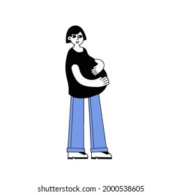 Pregnant woman hold her stomach. Modern character with big belly. Pregnancy and motherhood. Black and white outline cartoon illustration isolated on white