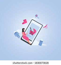 Pregnant woman hold phone buy for her baby birth online.