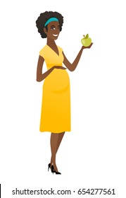 Pregnant woman holding apple. Pregnant woman with apple. Pregnant woman eating apple. Concept of nutrition and diet during pregnancy. Vector flat design illustration isolated on white background.