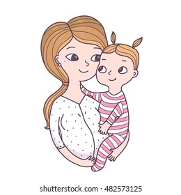 Pregnant Woman Holding A Baby. Cute Cartoon Illustration Of Pregnancy Period.