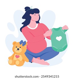 A pregnant woman holding baby romper, a flat illustration 