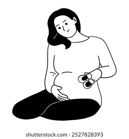 Pregnant woman holding baby shoes hand drawn illustration