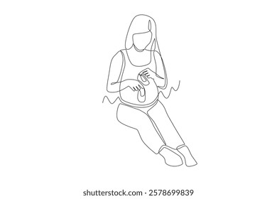 Pregnant woman holding baby shoes. Pregnant women getting ready for baby concept one-line drawing