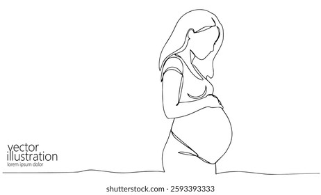 Pregnant woman holding belly. Motherhood pregnancy happiness. Maternity care parenting medical branding. One line art minimal drawing white background vector illustration