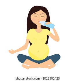 A pregnant woman holding a bottle of water in her hand doing yoga. Guide to drinking water during pregnancy. Vector illustration.