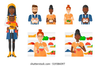 Pregnant woman holding bowl with healthy food. Pregnant woman cooking healthy food. Concept of healthy nutrition during pregnancy. Set of vector flat design illustrations isolated on white background.