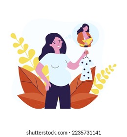 Mujer embarazada llevando ropa para su futuro hijo. Lactancia materna de las mujeres recién nacidas en la imagen plana del vector de burbuja mental. Embarazo, concepto de maternidad para banner, diseño de sitio web