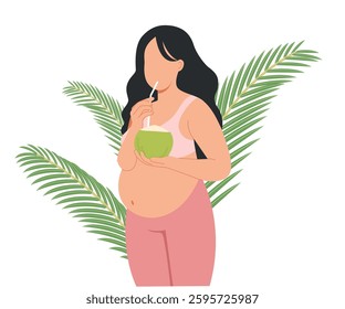 Pregnant woman holding a coconut and drinking coconut water