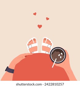 Pregnant woman holding cup with coffee in hand. Top view of belly. Hot coffee with marshmallow. Happy time. Vector illustration in flat cartoon style.