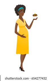 Pregnant woman holding a cupcake and doubting whether to eat a cupcake or not. African-american pregnant woman is going to eat a cupcake. Vector flat design illustration isolated on white background.