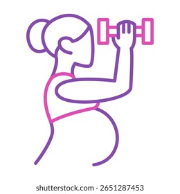 Pregnant woman holding dumbbell line icon vector isolated. Symbol of a pregnant female character doing sport exercise. Prenatal fitness.