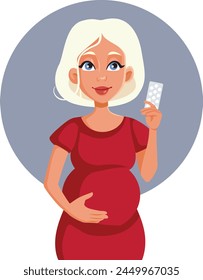 
Pregnant Woman Holding Folic Acid Tablets Vector Cartoon illustration. Mother to be feeling great taking her prenatal vitamins
