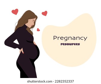 pregnant woman holding hear belly. flat style. type of pregnancy resources. Pregnant woman in a black dress on a light background.
