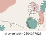Pregnant woman holding her belly. Vector line art illustration in pastel beige colors