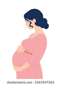 Pregnant woman holding her belly, expectant mother. Happy Mothers Day. Vector isolated flat illustration