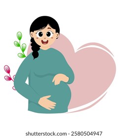 Pregnant woman is holding her belly gently. Pregnant woman, expectant mother, concept illustration in cute style. Health care, pregnancy