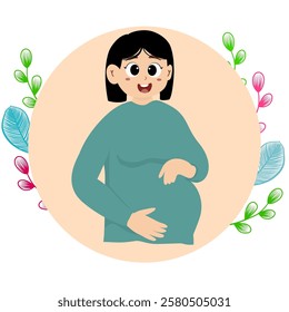 Pregnant woman is holding her belly gently. Pregnant woman, expectant mother, concept illustration in cute style. Health care, pregnancy