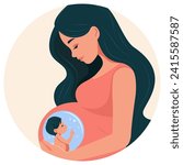 Pregnant woman holding her hands on her stomach communicating with her unborn baby. Vector illustration on the theme of carrying a fetus, medicine and health. 