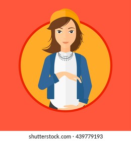 Pregnant woman holding her hands on belly. Pregnant woman touching her belly. Young happy pregnant woman. Vector flat design illustration in the circle isolated on background.