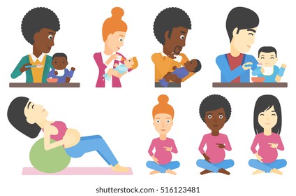 Pregnant woman holding her hands on belly. Pregnant woman touching belly. Young happy pregnant woman doing exercises on fitball. Set of vector flat design illustrations isolated on white background.