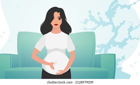 A pregnant woman is holding her stomach. Pregnancy and motherhood. Vector illustration.
