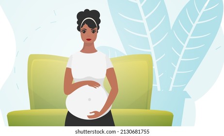 A pregnant woman is holding her stomach. A young mother is waiting for a newborn. Vector illustration.