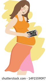 a pregnant woman is holding a paper with ultrasound result. The ultrasound shows the baby. The future mother is happy. Vector illustration