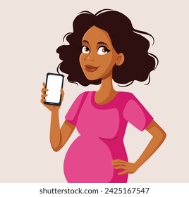 
Pregnant Woman Holding a Phone Vector Character Illustration. Mother to be using mobile pregnancy app on her phone 
