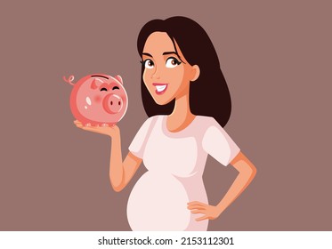 
Pregnant Woman Holding Piggy Bank Vector Cartoon Illustration. Cheerful mother to be having saved money for delivery and after plans
