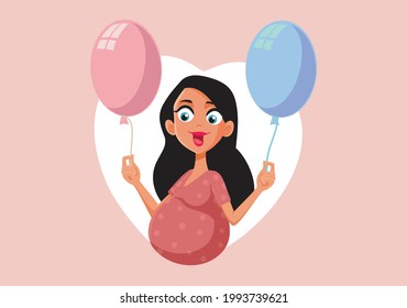 
Pregnant Woman Holding pink and blue Balloons for Baby Gender Reveal. Mother to be revealing she is having a boy or a girl or maybe twins
