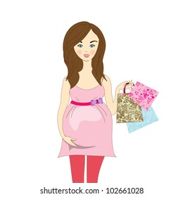 Pregnant woman holding shopping bags against a white background. Vector