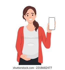 Pregnant Woman Holding Smartphone Vector Illustration. Mother to be using mobile pregnancy app. Flat vector illustration isolated on white background