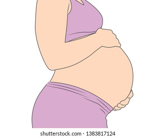 Pregnant woman holding stomach,  side image pregnancy