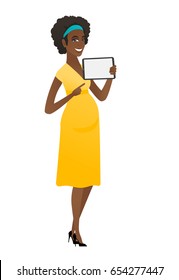 Pregnant woman holding tablet computer. Full length of pregnant woman pointing at tablet computer. Pregnant woman with tablet computer. Vector flat design illustration isolated on white background.